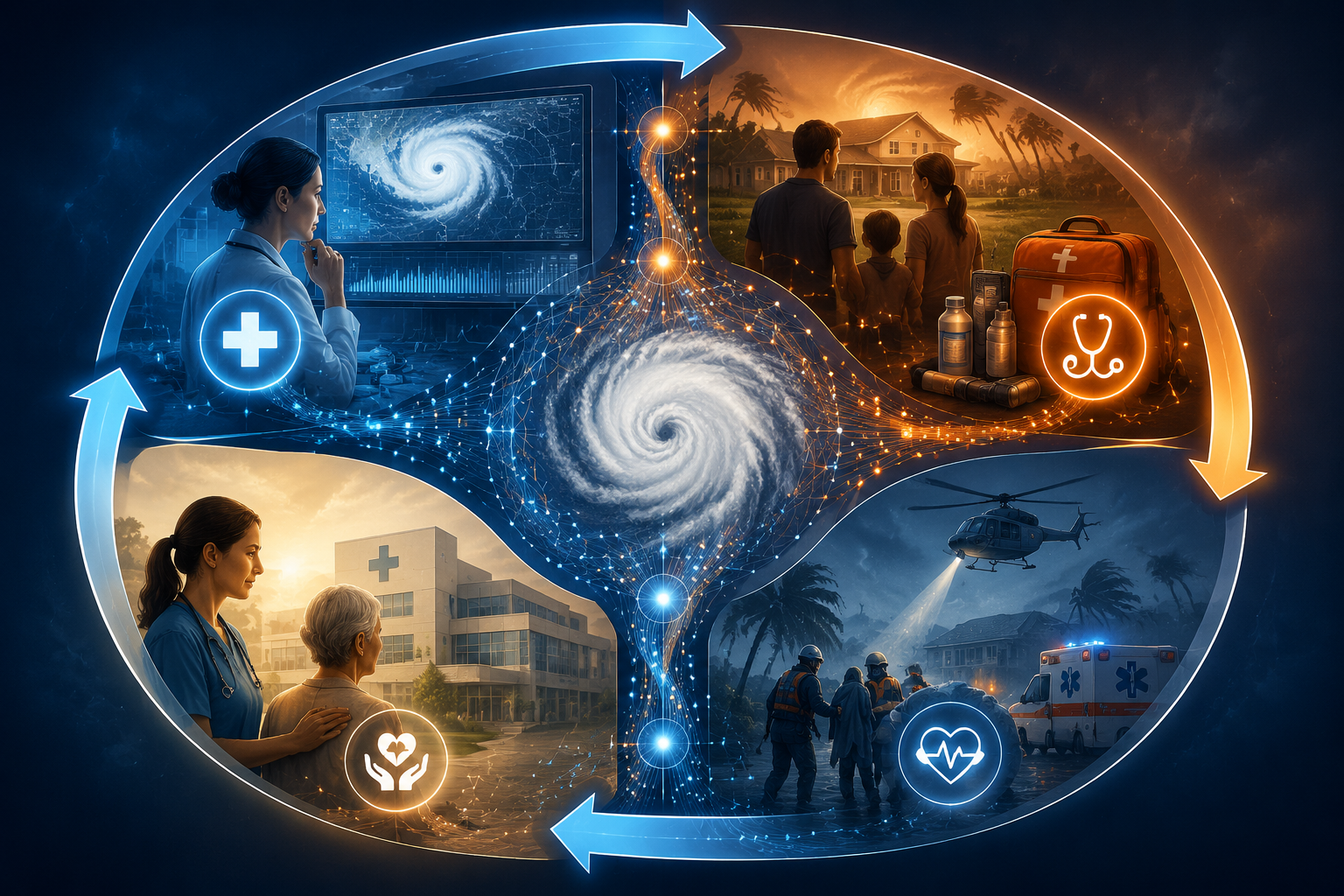 Four-phase hurricane disaster cycle with AI network nodes and healthcare symbols