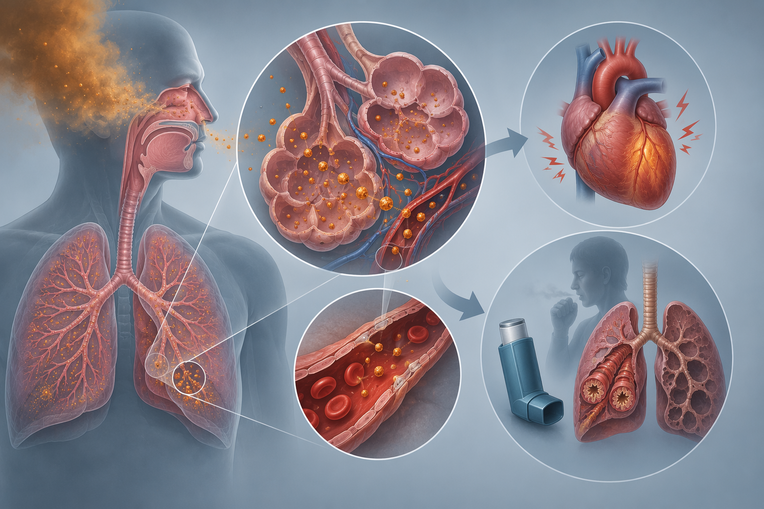 Medical illustration of wildfire PM2.5 particles entering lung alveoli and contributing to cardiac strain and respiratory distress