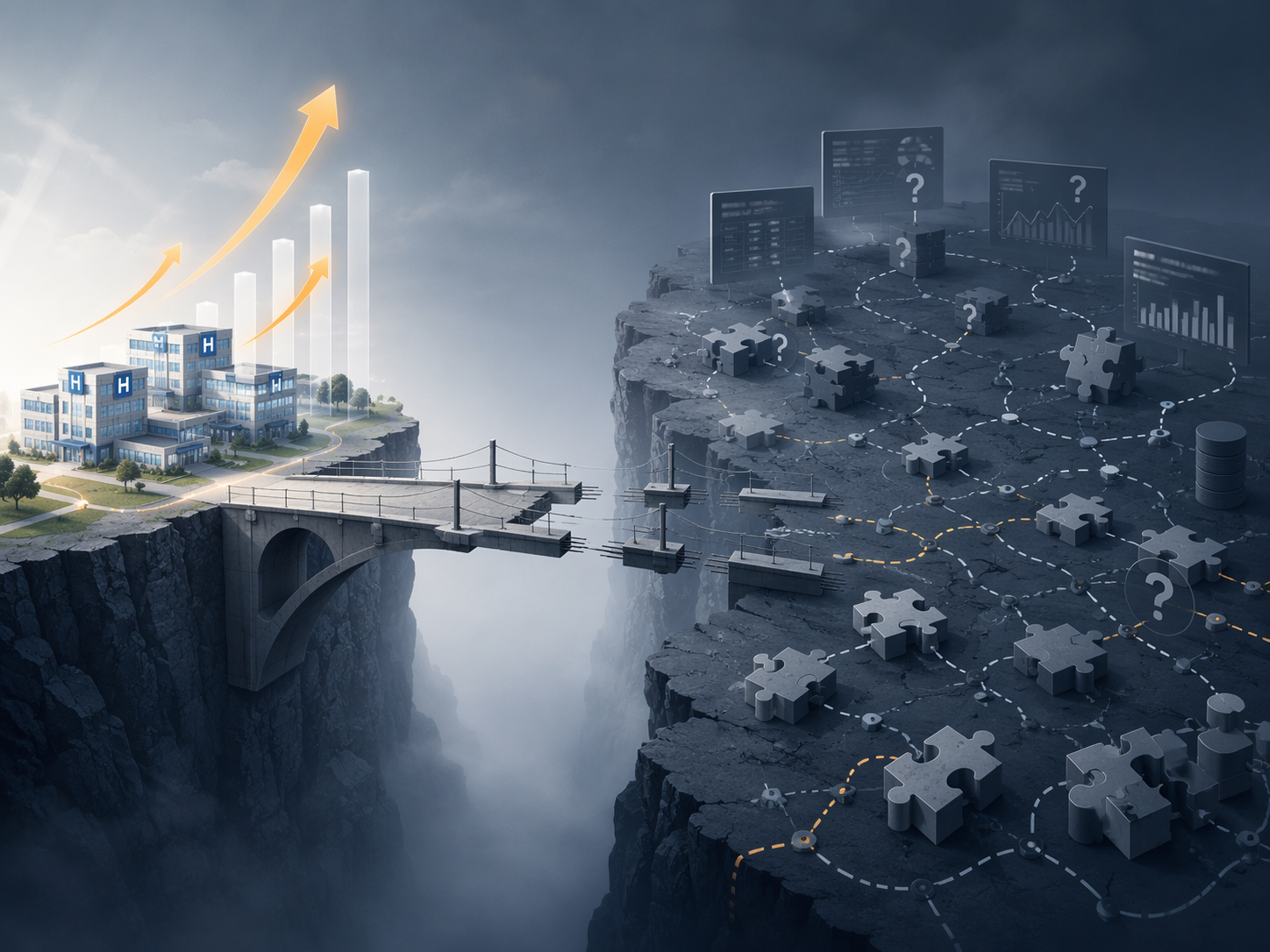 Small group of hospitals achieving measurable AI ROI separated by a broken bridge from a larger group struggling to measure returns
