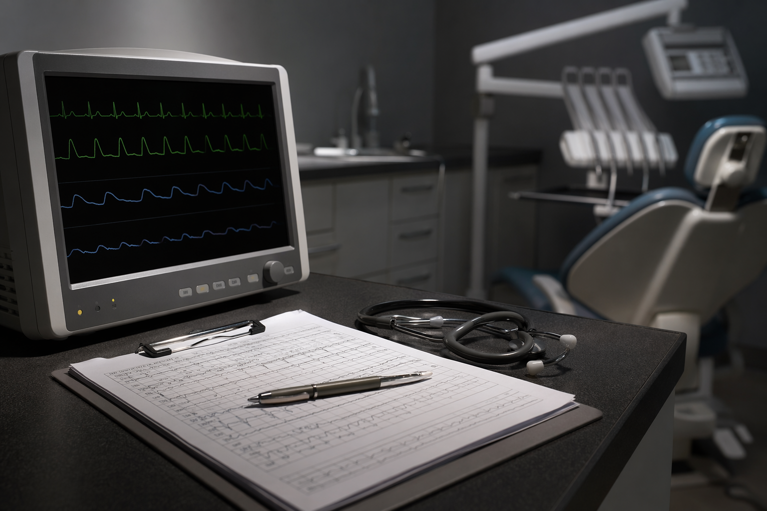 Dental operatory with vital signs monitor, monitoring records, pen, and stethoscope in a quiet post-event investigation setting