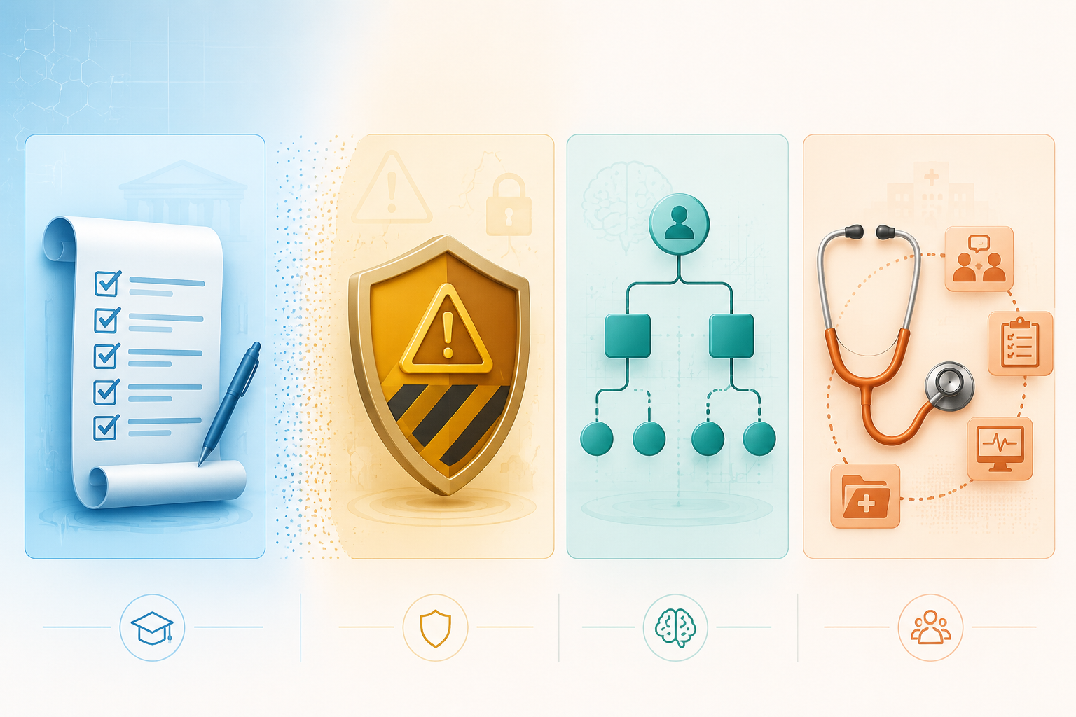 Comparison grid of exam, safety-weighted, reasoning-focused, and real-world clinical LLM benchmark categories