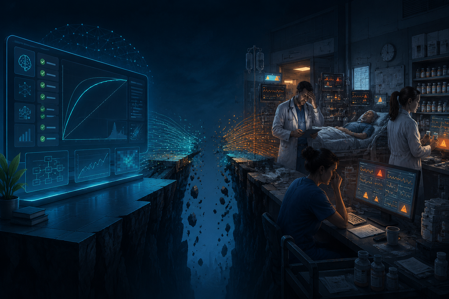 Split illustration contrasting an AI prediction dashboard with a chaotic hospital ward response