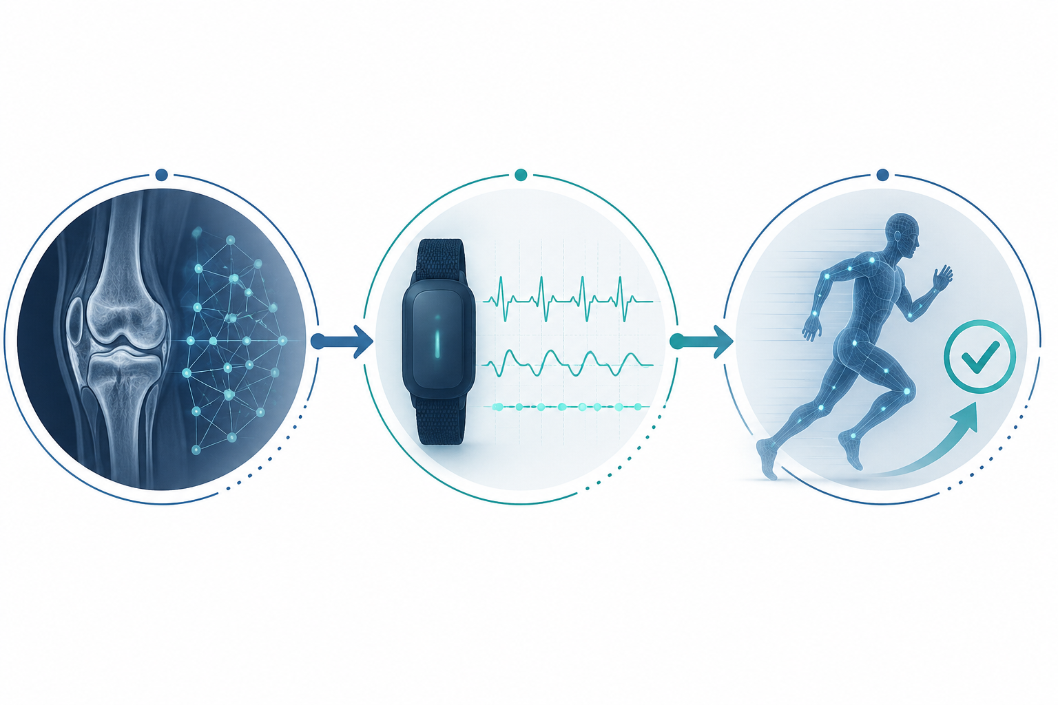 Three-phase AI sports injury care pathway showing diagnostic imaging, wearable risk prediction, and rehabilitation support