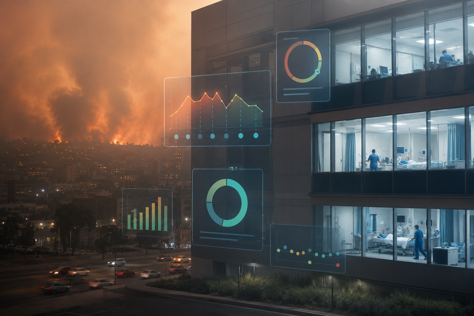 Modern hospital exterior in wildfire smoke with air quality forecast indicators