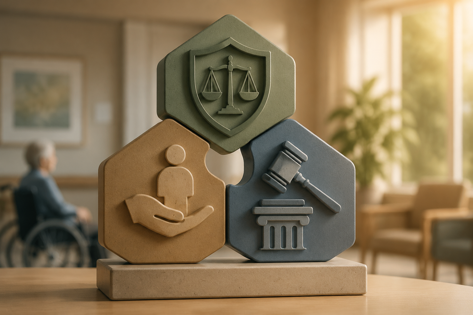 Three interlocking forms representing public health, human rights, and law converging into one policy framework