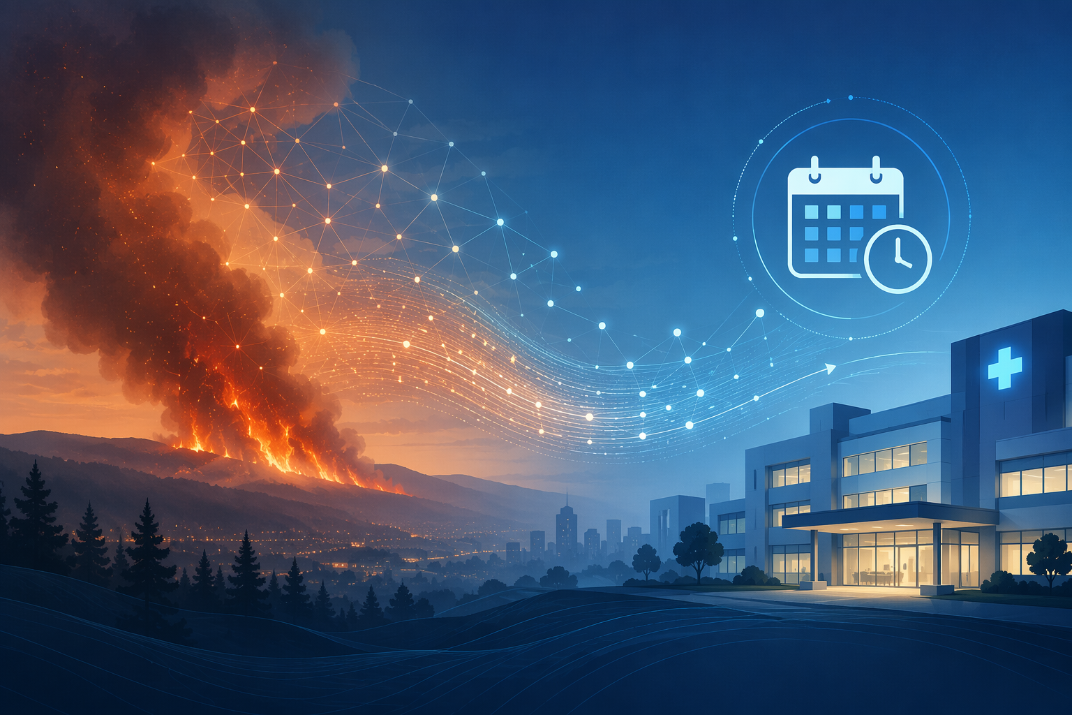 AI wildfire smoke forecast data flowing from a smoke plume toward a hospital before exposure arrives
