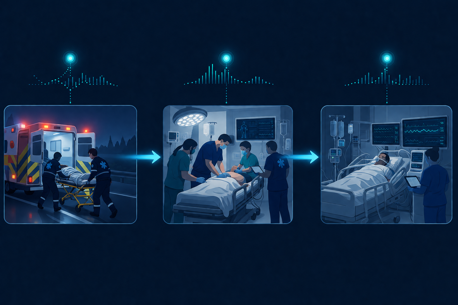 Three linked zones of the trauma care continuum showing ambulance, emergency department, and intensive care unit AI prediction points