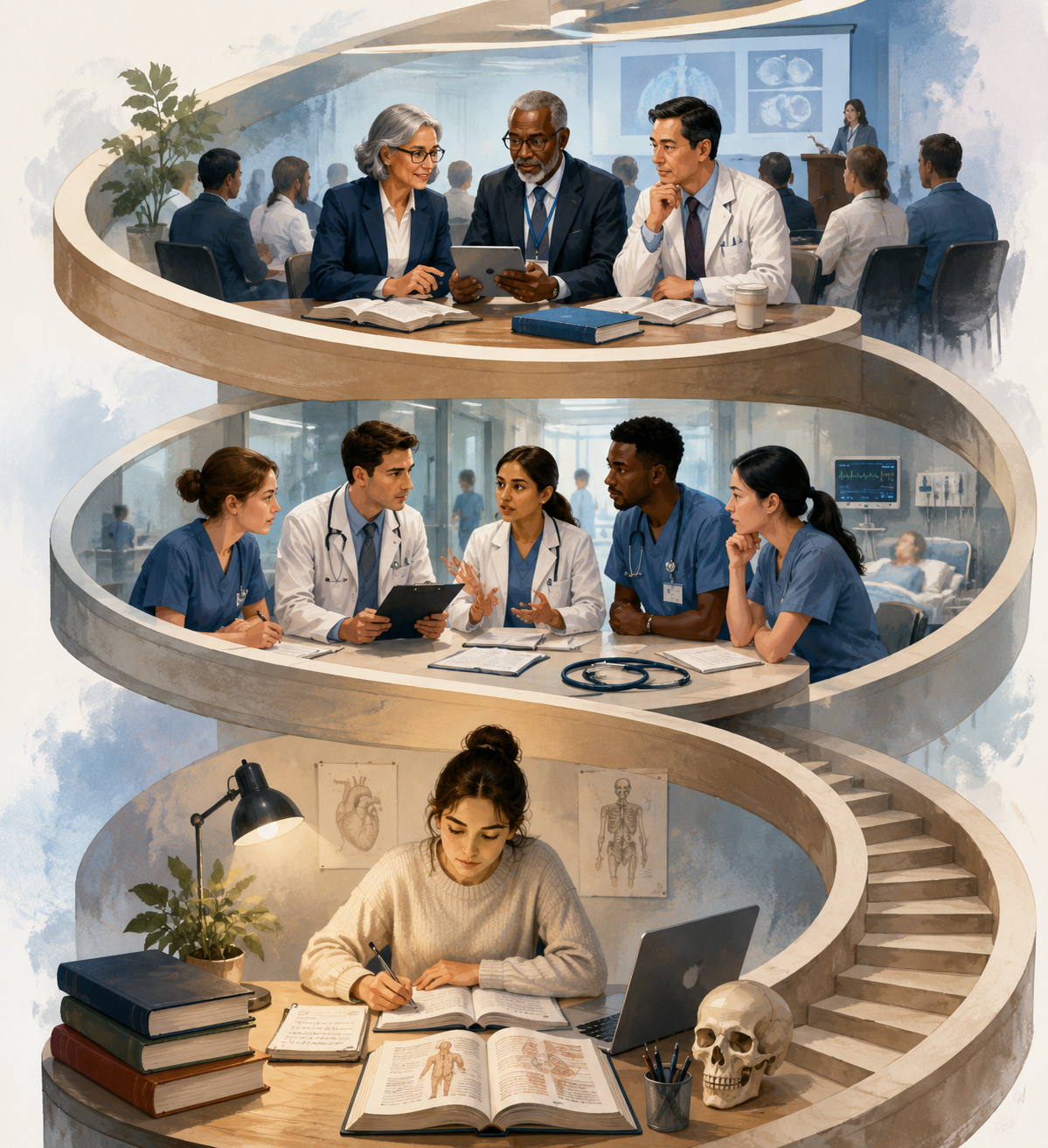 Three-tier progression from foundational learning to clinical team discussion to continuing professional education