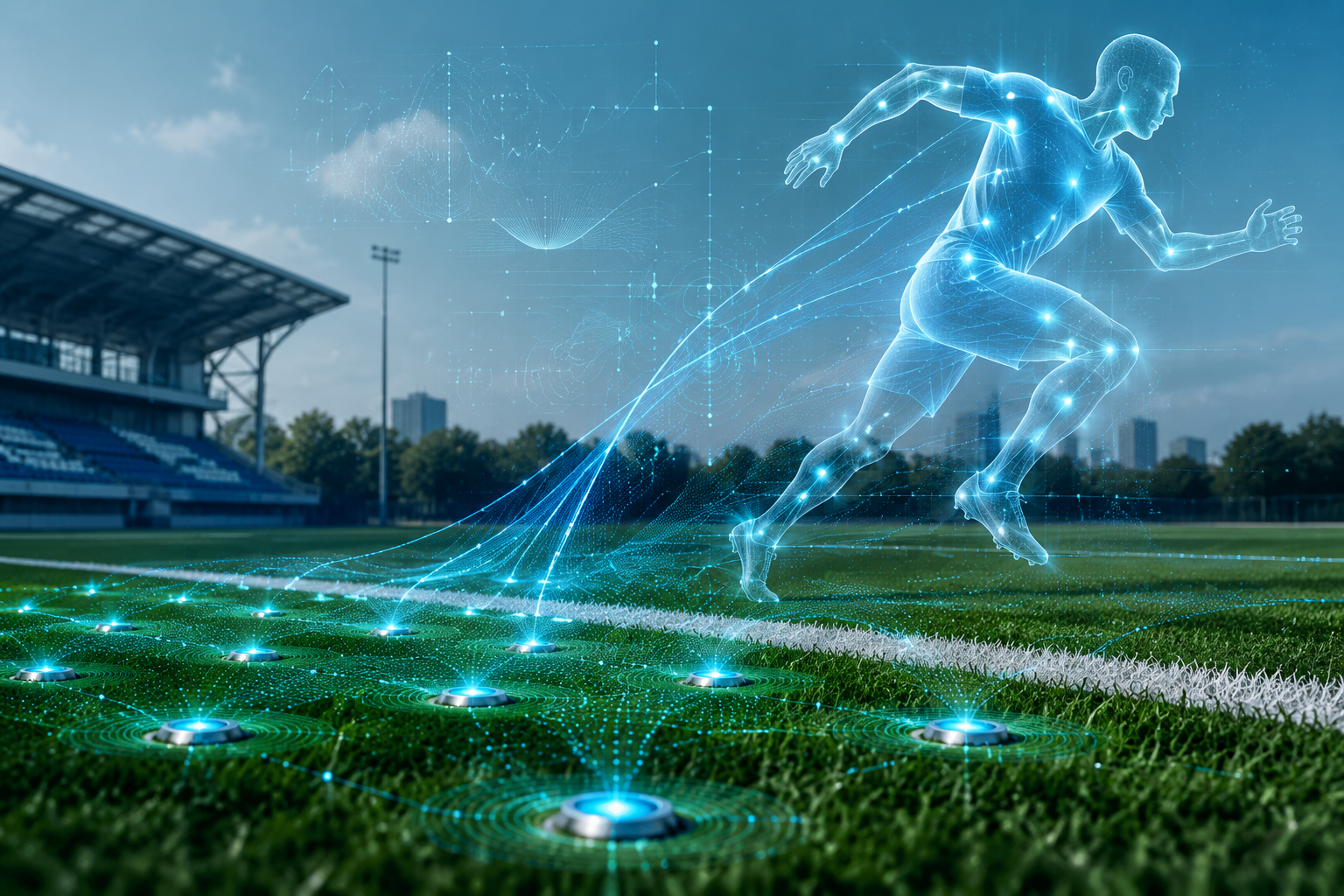 Synthetic turf football field with embedded sensor nodes connected to a biomechanically tracked athlete silhouette