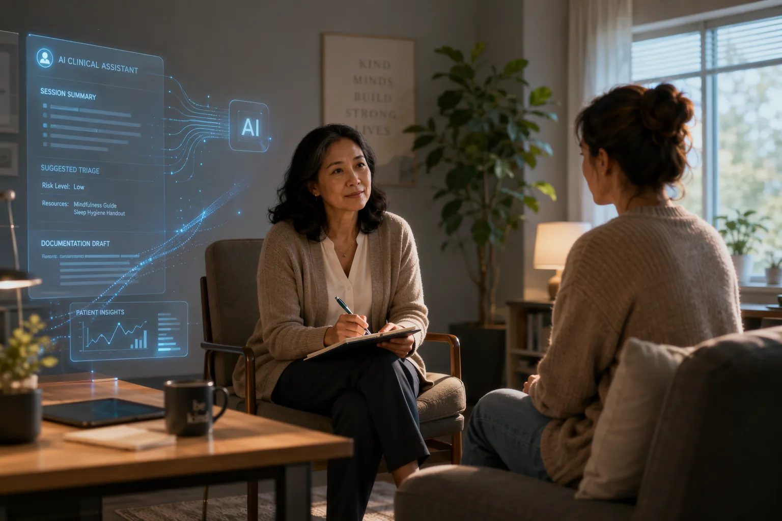 Mental health clinician meeting with a patient while subtle AI interface elements support documentation in the background