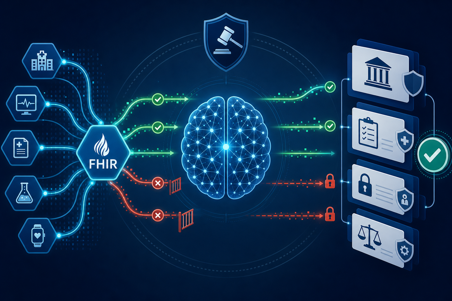 Abstract illustration of regulated health data flow with API nodes, a neural network motif, and policy documents showing compliant and blocked data pathways