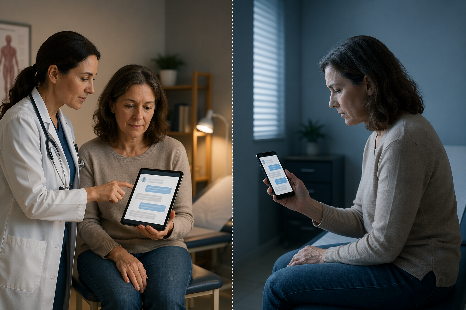 Clinical consultation room contrasting physician-supervised conversational AI use with a patient using the same AI alone