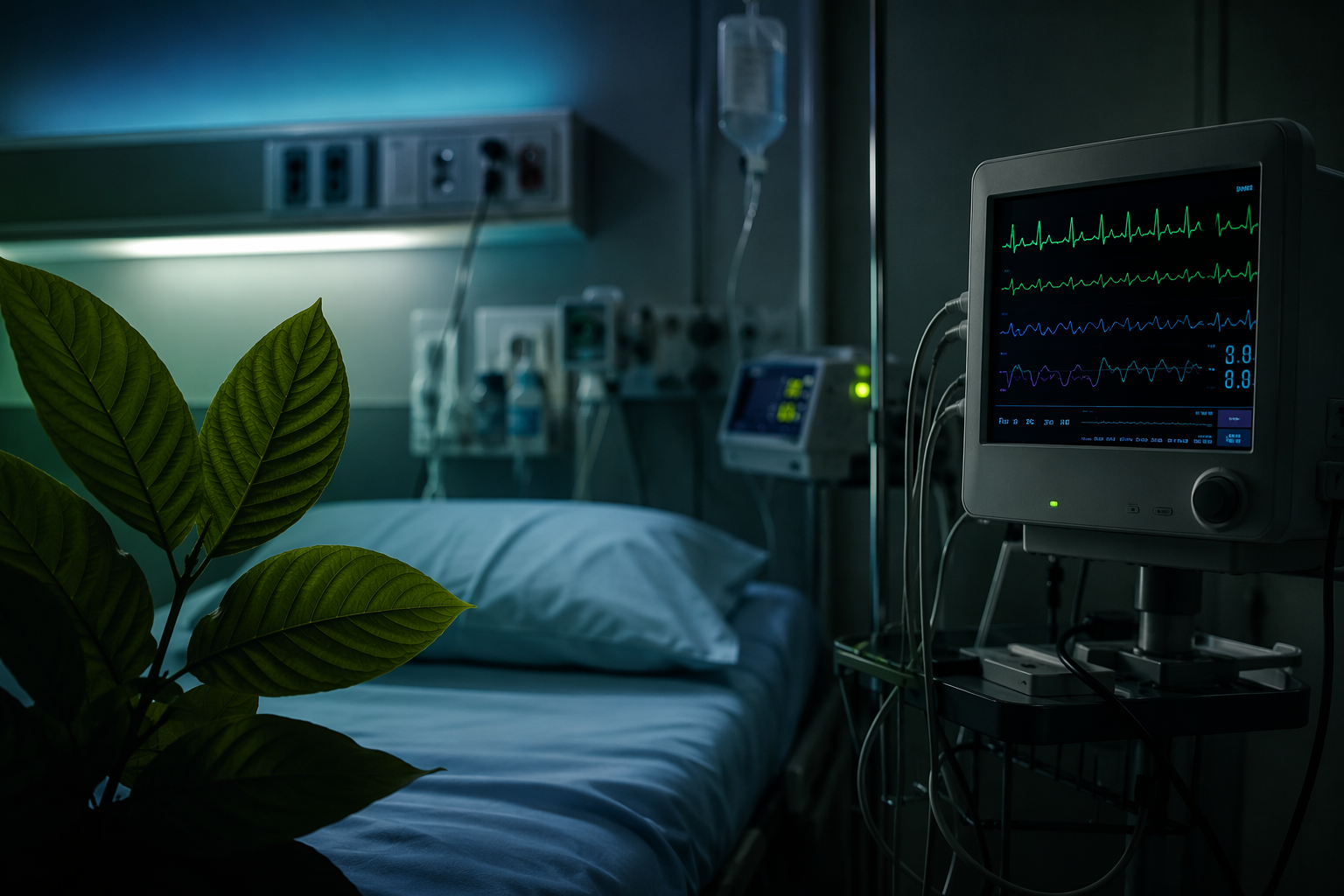 A dimly lit hospital room with a cardiac monitor and a green botanical leaf silhouette in the foreground.