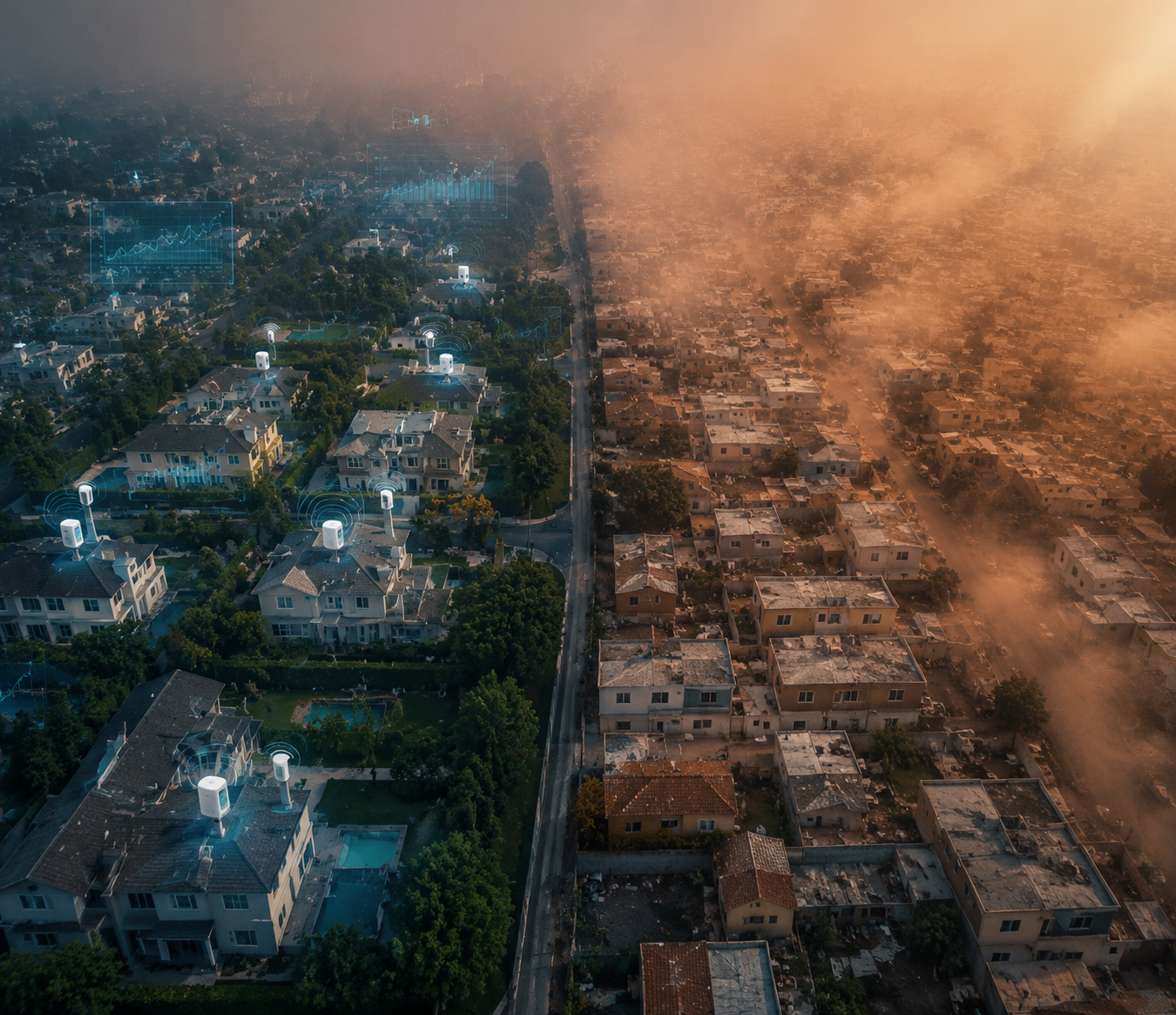 A smoky neighborhood split between affluent monitored homes and older unmonitored housing