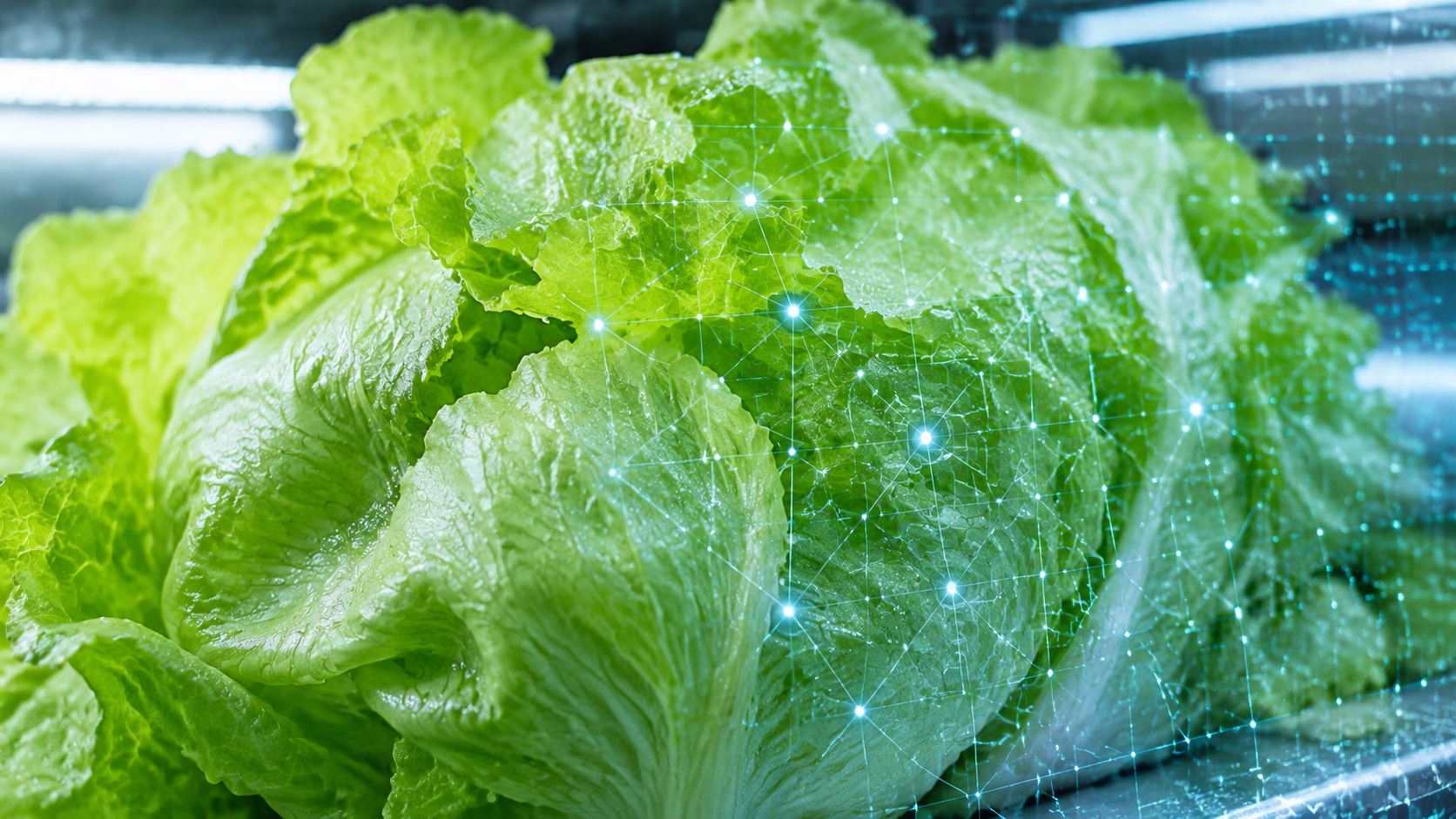 Iceberg lettuce leaves with a digital AI scanning overlay