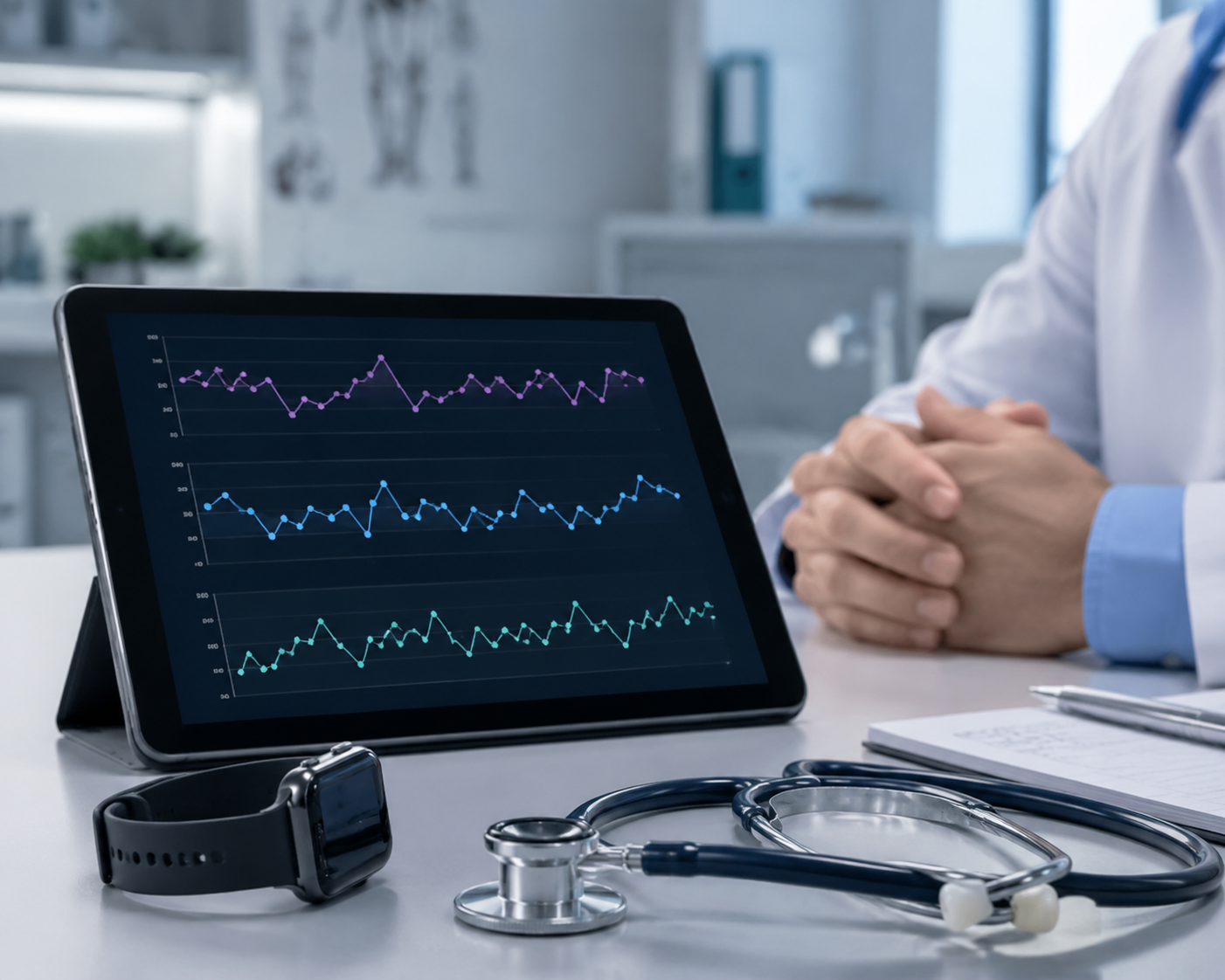 Clinician reviewing longitudinal heart rate variability, resting heart rate, and respiratory rate graphs beside a smartwatch and stethoscope.