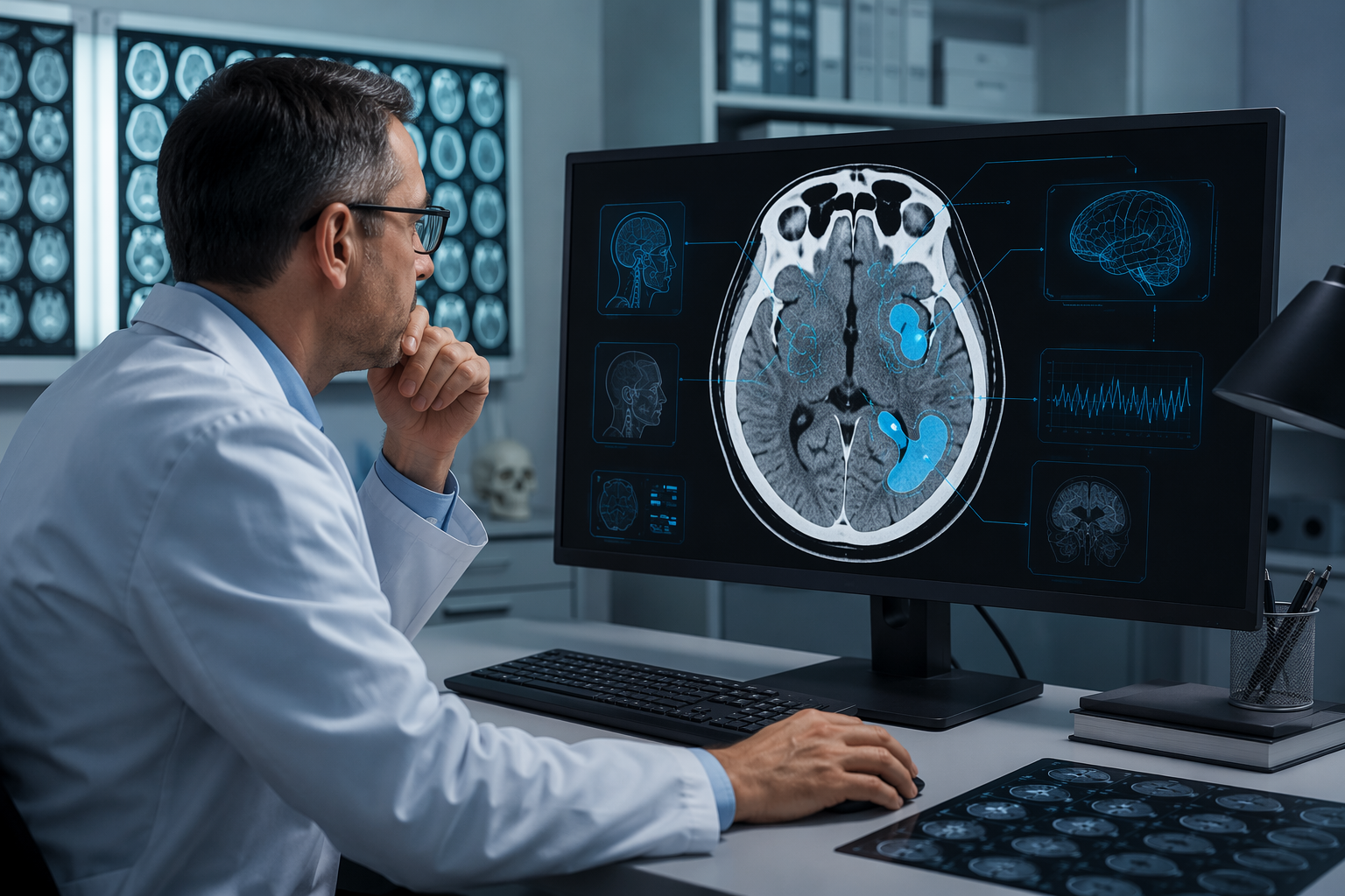 Forensic pathologist reviewing a post-mortem CT brain scan with AI analysis highlights