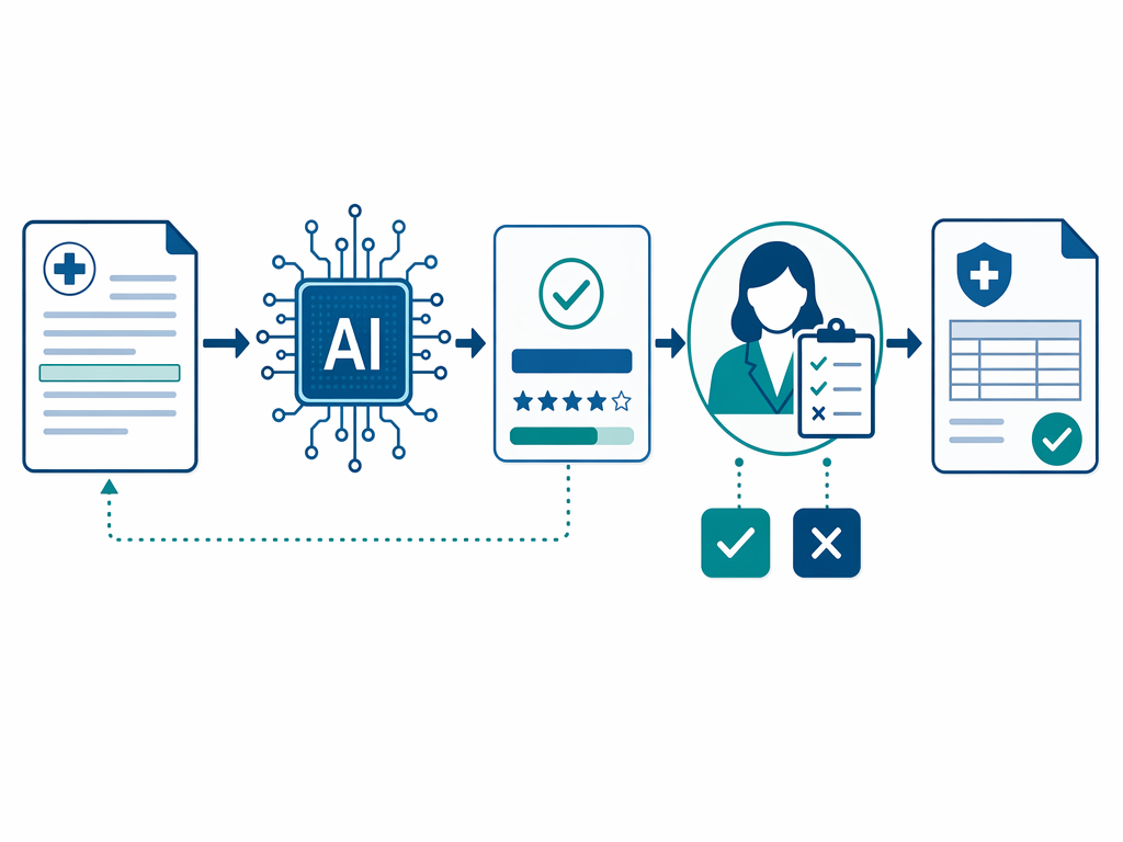 Flowchart of clinical documentation feeding an AI coding output, human review, and final claim submission with source grounding