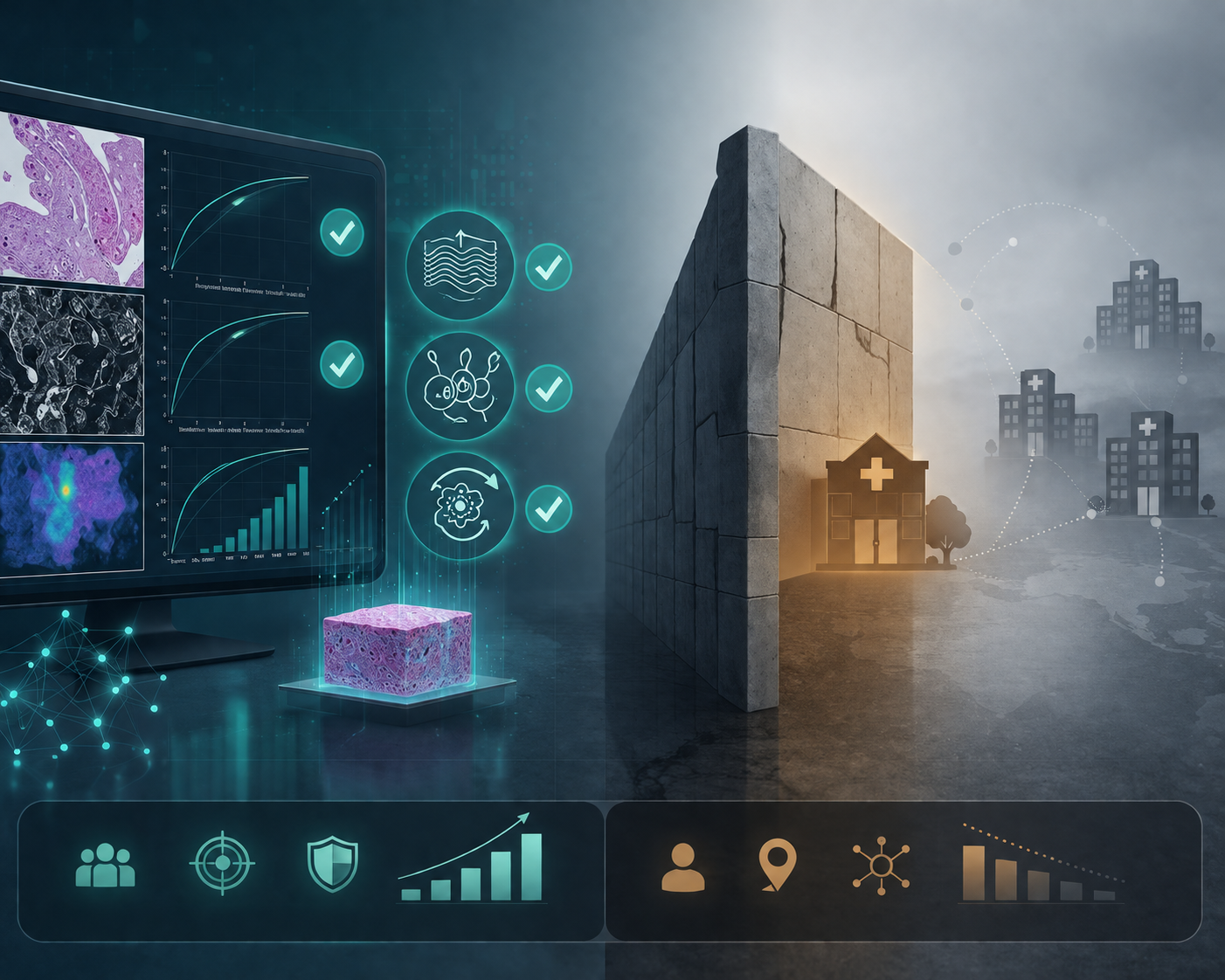 Split visual contrasting strong AI performance metrics with a validation gap toward multi-center deployment.