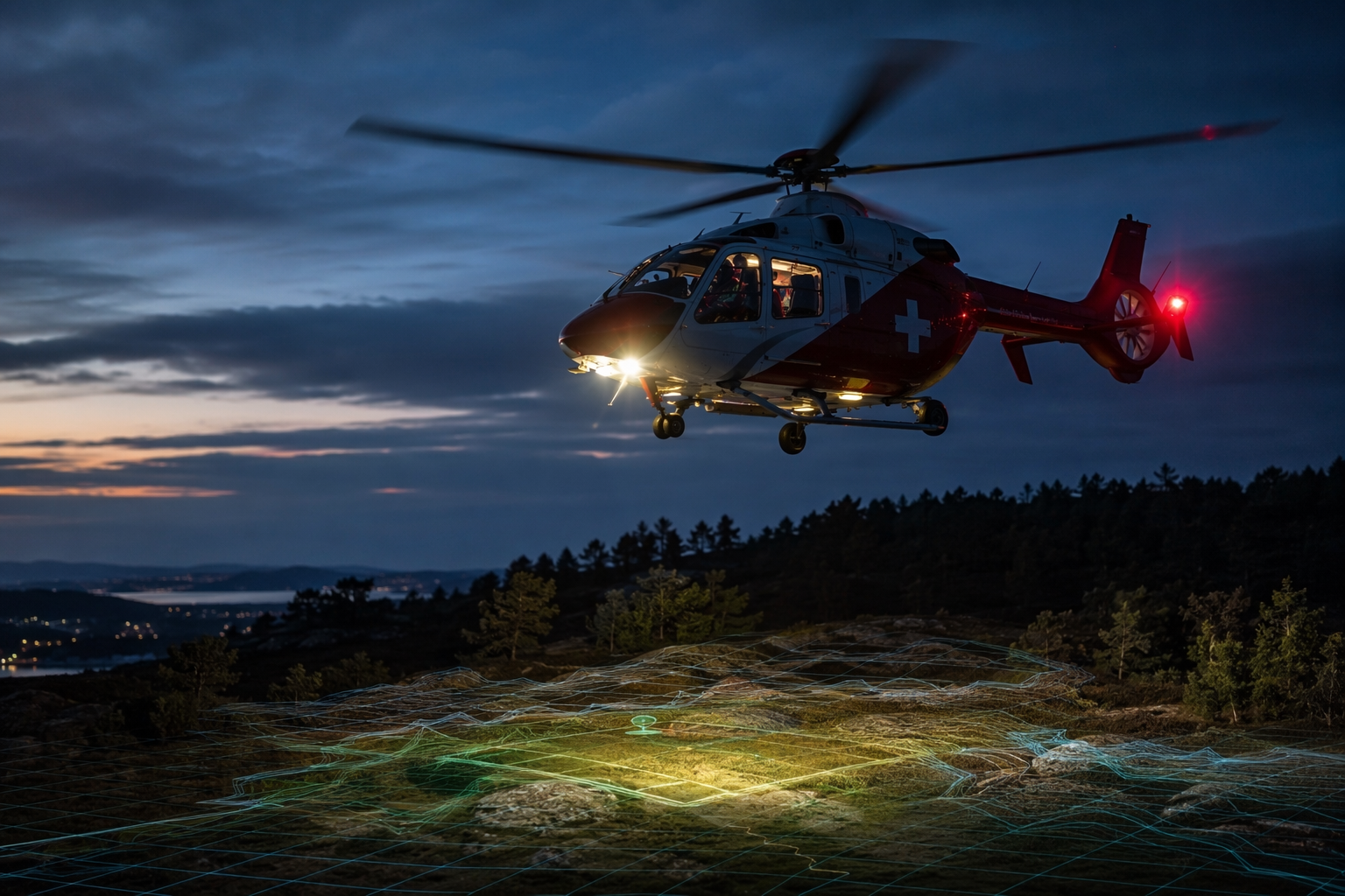 HEMS helicopter descending toward rugged terrain with an AI-style landing zone overlay