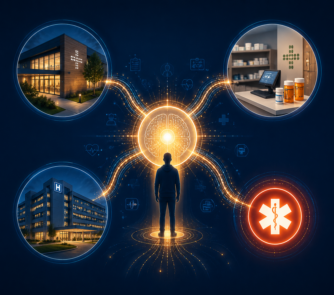 Central patient hub connected to One Medical, Amazon Pharmacy, partner health systems, and emergency escalation
