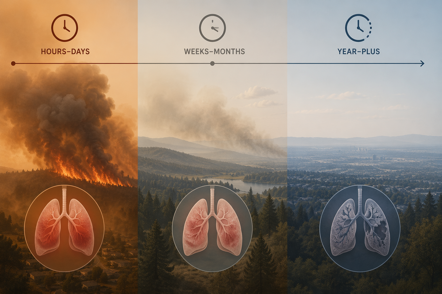 Timeline illustration showing acute, medium-term, and year-plus wildfire smoke exposure effects on the lungs