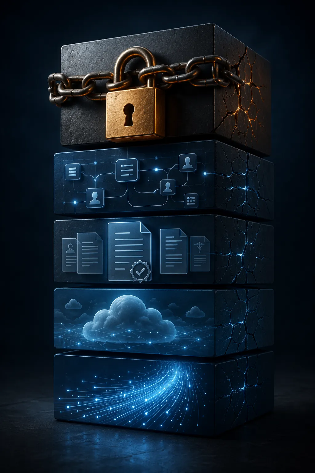 A layered infrastructure stack showing fiber, cloud, documentation, workflow integration, and switching costs