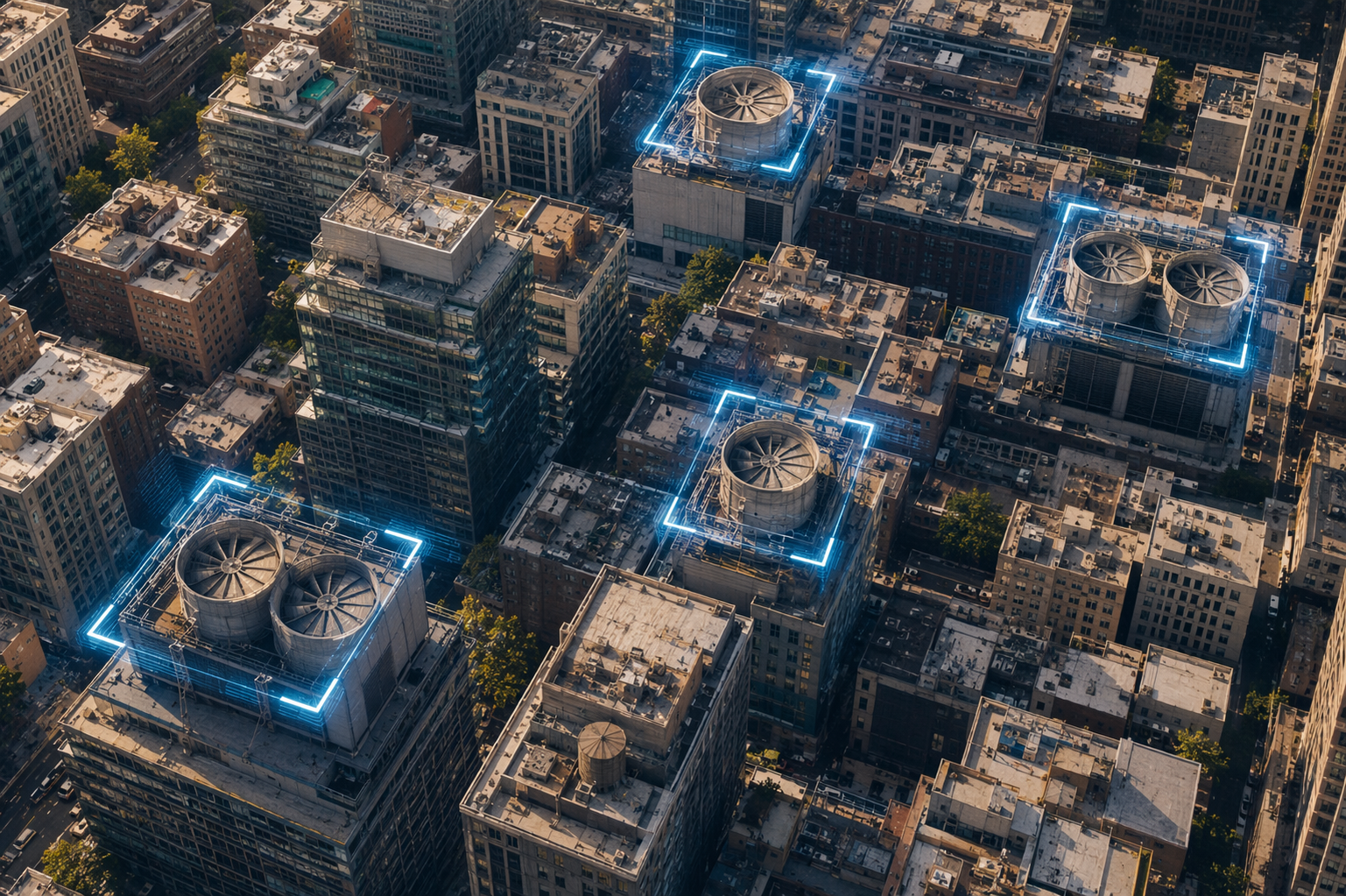 Urban rooftops with cooling towers highlighted by digital detection markers