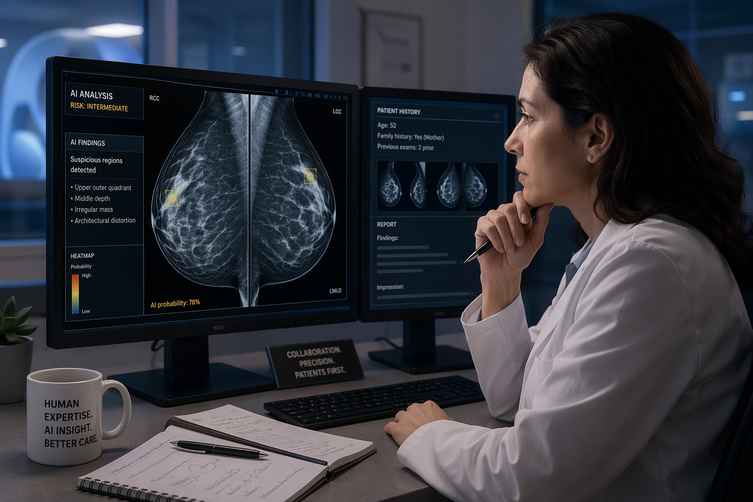 A radiologist seated at a diagnostic workstation reviewing mammography images on dual monitors; one monitor displays breast imaging with AI-generated overlay markers highlighting suspicious regions. The physician studies the image with focused attention, pen in hand, illustrating the human-AI teammate effect in radiology screening.