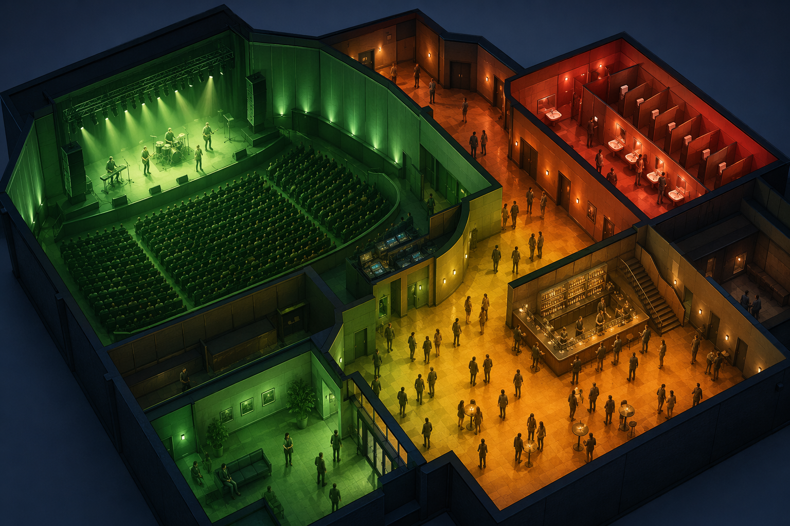 Indoor event venue cutaway showing spatial air quality variation across stage, corridors, toilets, and dancefloor areas