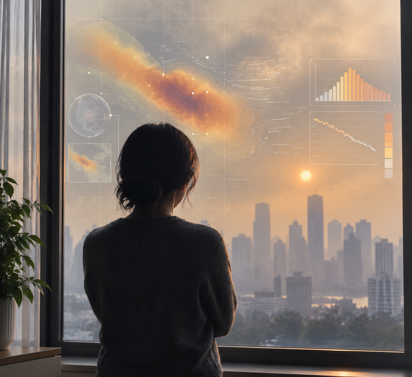 A person looking through a window at a hazy smoke-filled sky with digital forecast elements overlaid