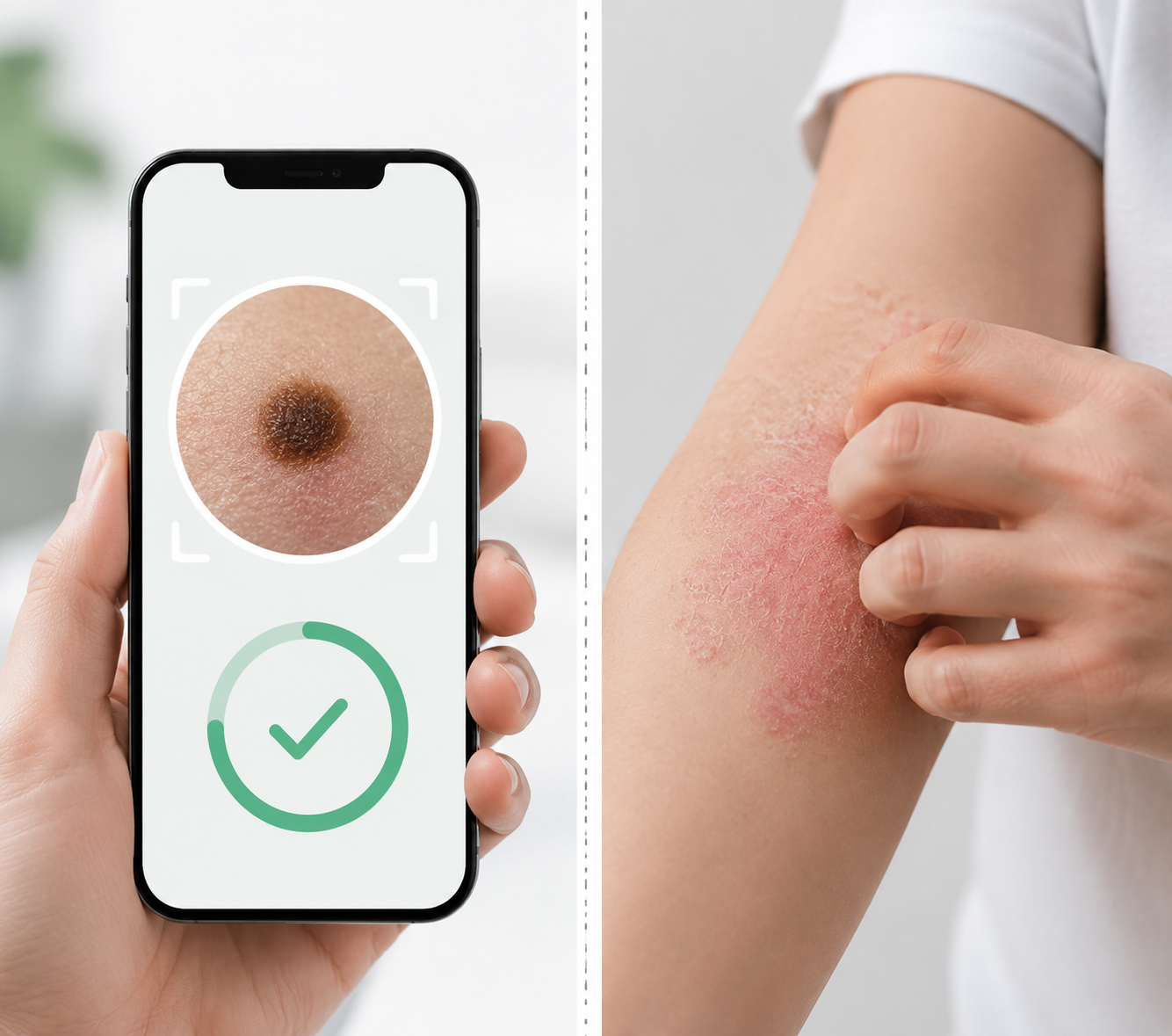 Split view of smartphone skin lesion analysis and a hand scratching an itchy eczema patch