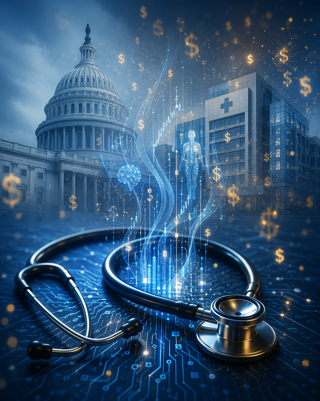 Stethoscope over glowing digital circuits with faint Capitol and hospital silhouettes.