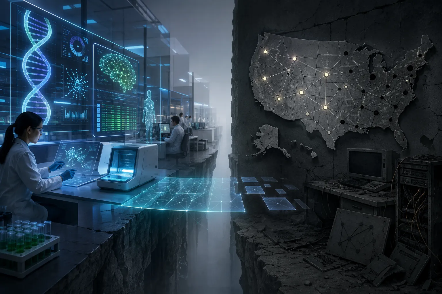 Modern laboratory with AI dashboards transitioning to a fading U.S. surveillance map with monitoring nodes going dark