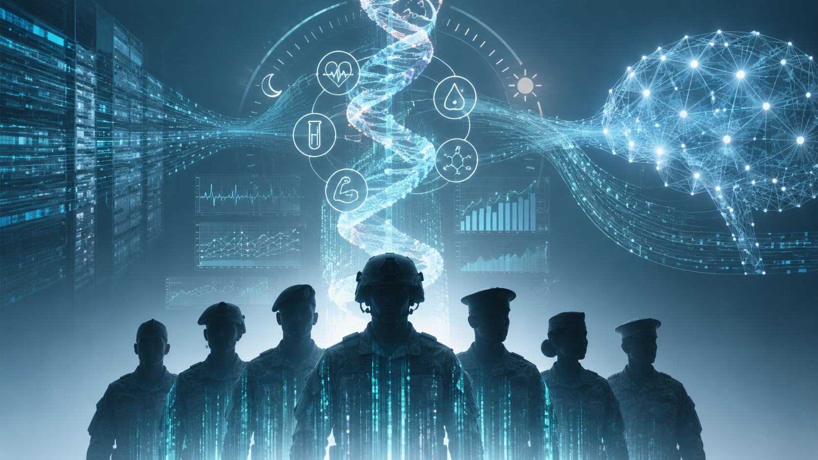 Service member silhouettes dissolving into biomarker data streams and neural network architecture