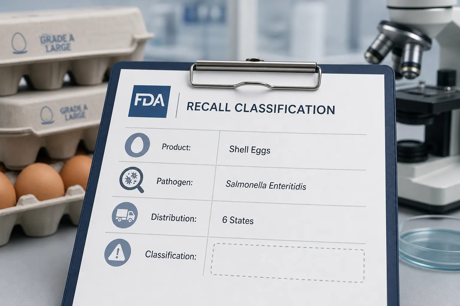 Recall notice with a blank classification field beside egg cartons and a microscope