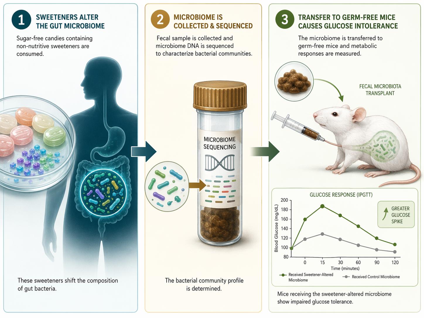 Evidence chain from sweetener exposure to microbiome transfer and glucose response in germ-free mice