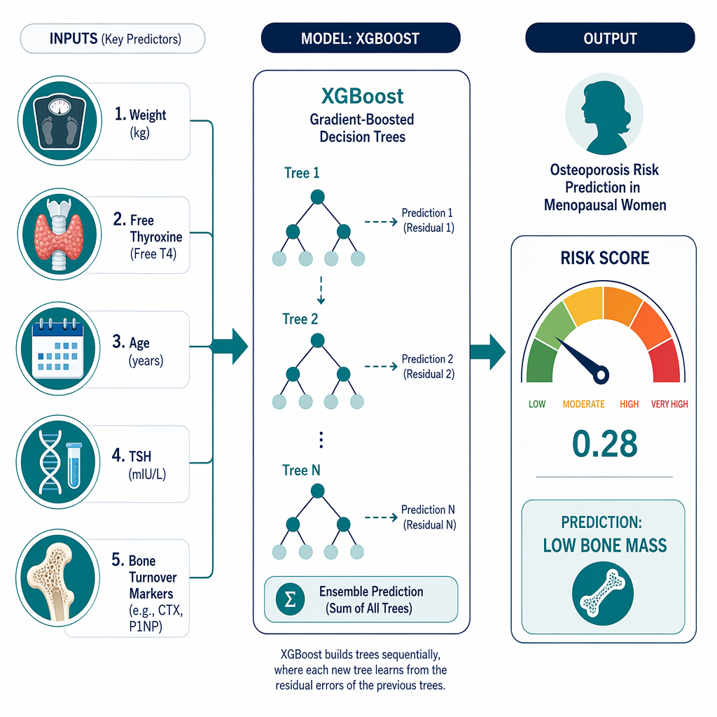 Diagram of an XGBoost workflow using weight, thyroid measures, age, laboratory inputs, and bone markers to generate an osteoporosis risk score in menopausal women