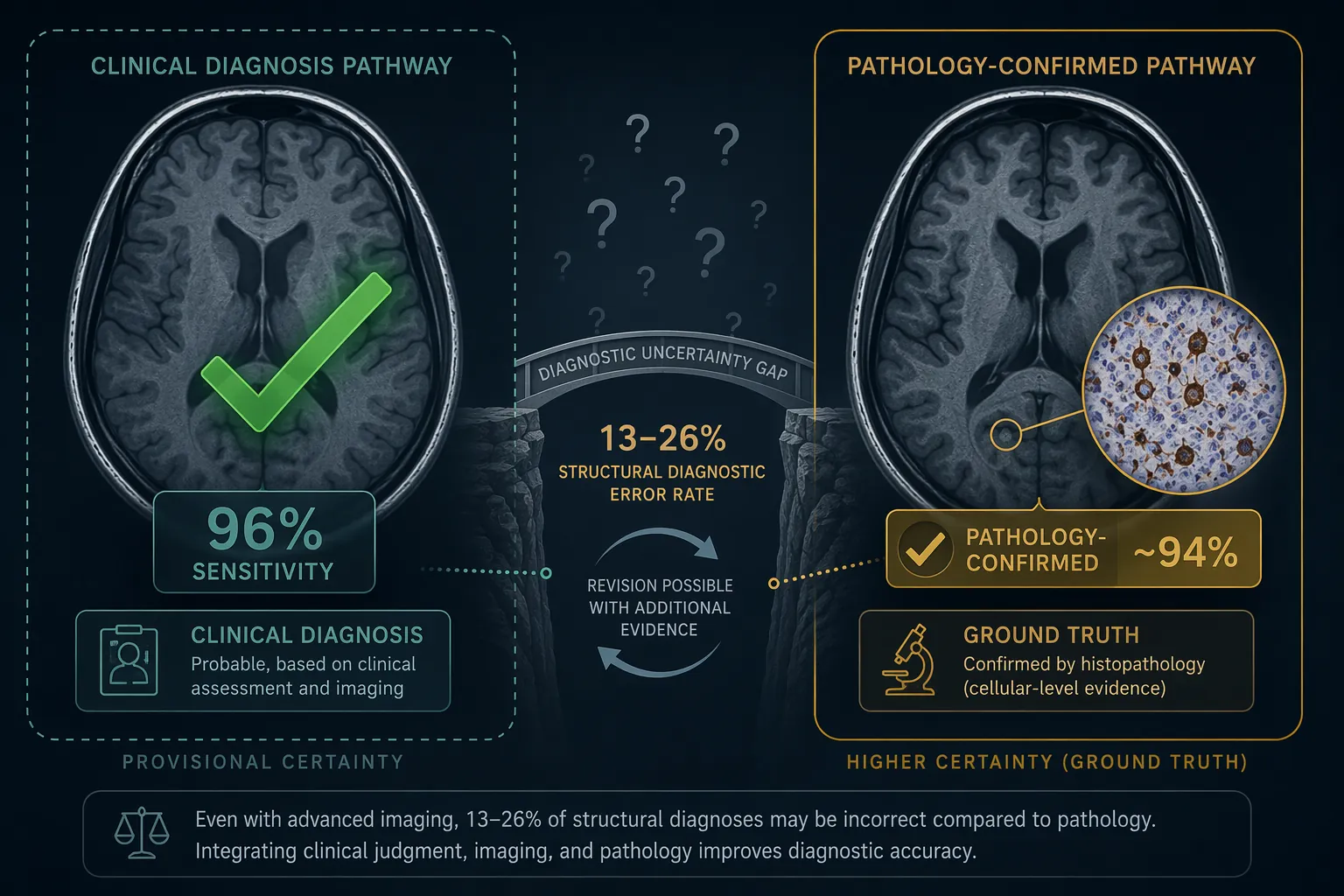 Conceptual comparison of MRI AI sensitivity against clinical diagnosis and a smaller pathology-confirmed subset