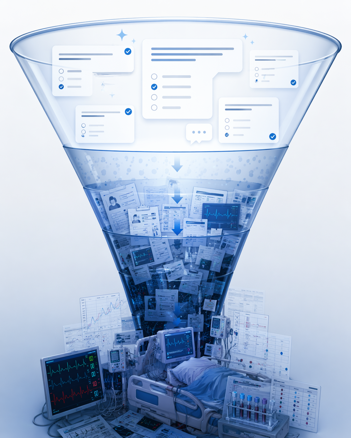 Funnel visualization contrasting clean exam-style AI test questions with messy real-world clinical data