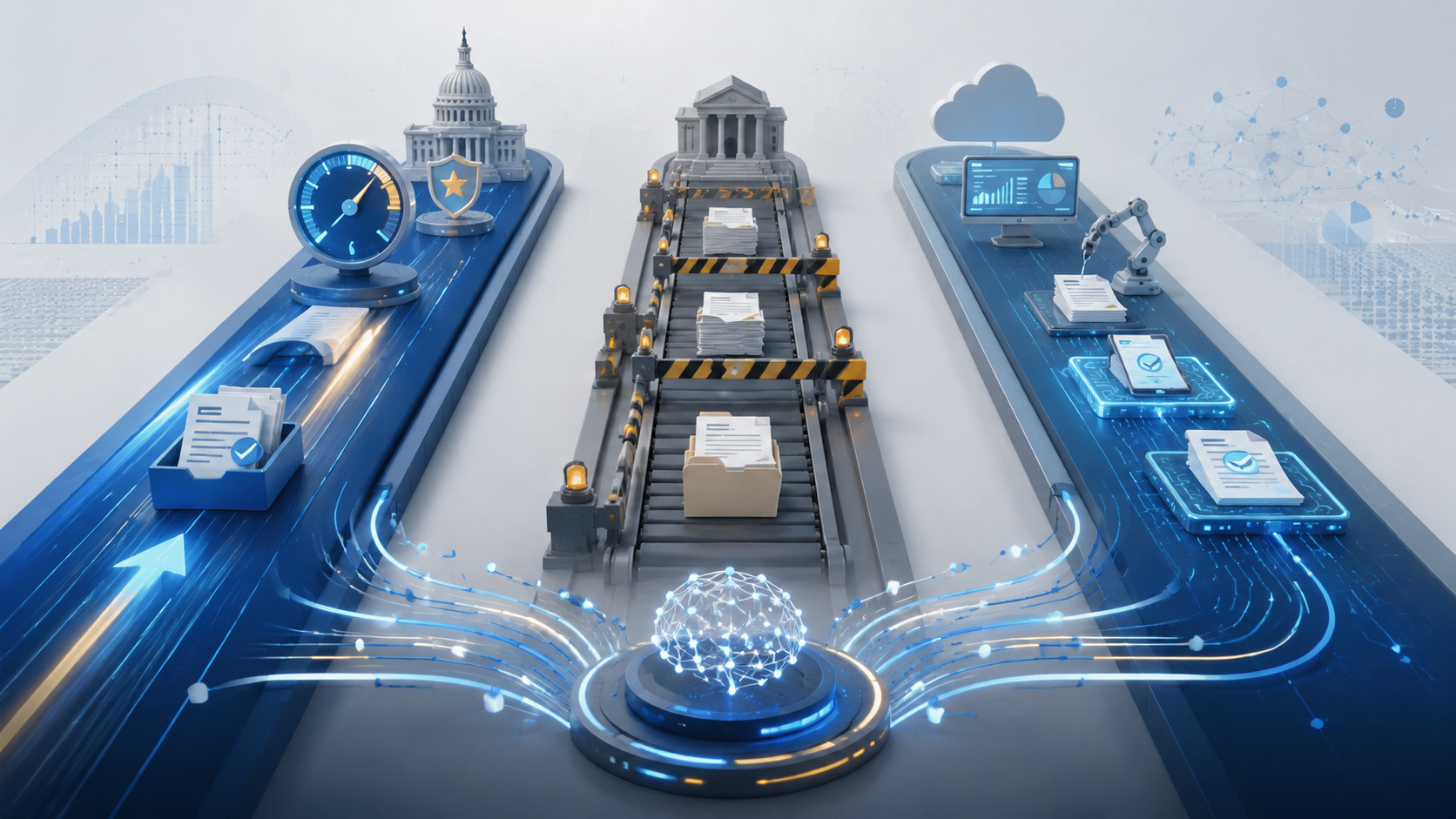 Three parallel pathways representing VA, SSA, and private insurance disability claims systems with AI data flows