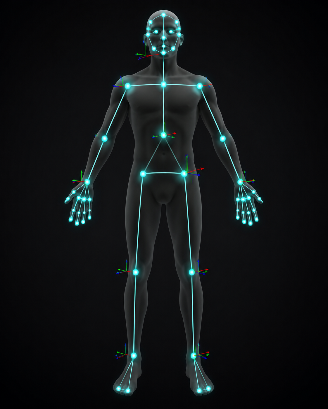 Human silhouette with 33 glowing 3D landmark dots connected as a pose estimation skeleton