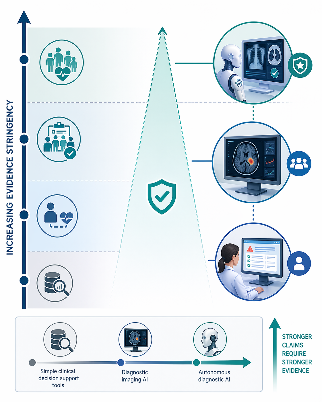 A proportional evidence framework infographic with a vertical axis showing evidence levels from retrospective validation through prospective observational, RCT, to real-world outcome data, with different AI use cases mapped to corresponding evidence tiers on the right, using blue-grey and teal tones.