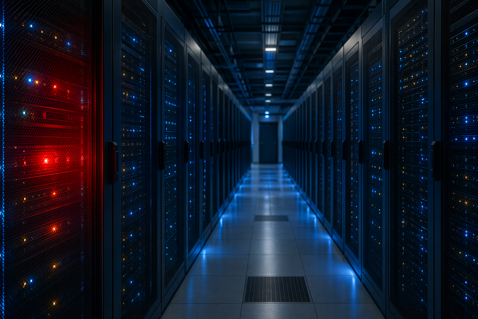 Data center aisle with server racks and a red warning glow on one rack