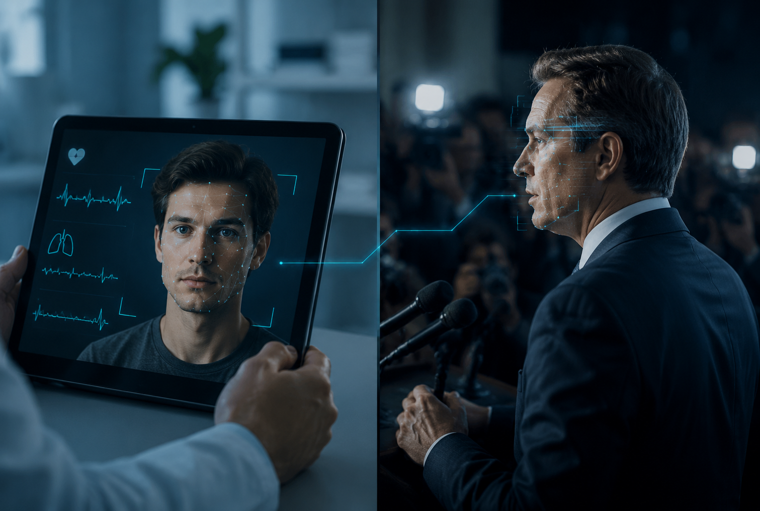 Telehealth facial health screening interface connected to a public podium scene with subtle biometric markers