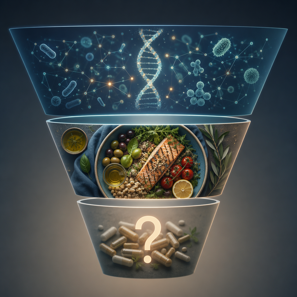 Layered microbiome data, personalized nutrition, and supplement evidence gap illustration