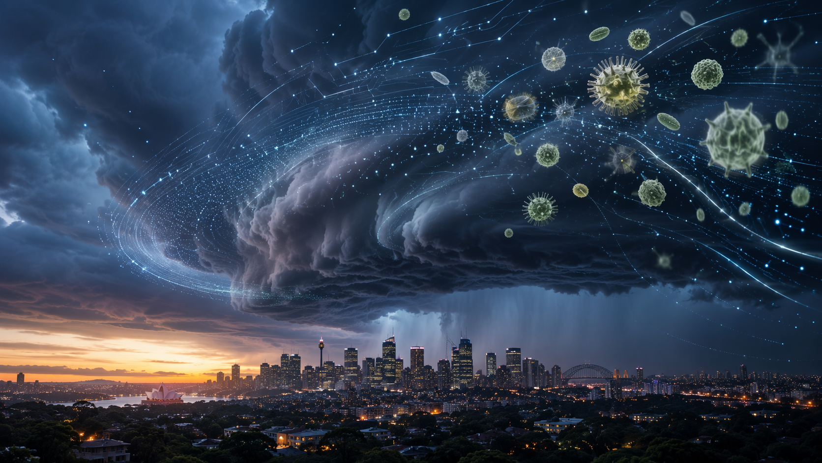 Dark thunderstorm approaching an Australian city skyline with glowing data points and microscopic particles representing AI weather and pollen monitoring