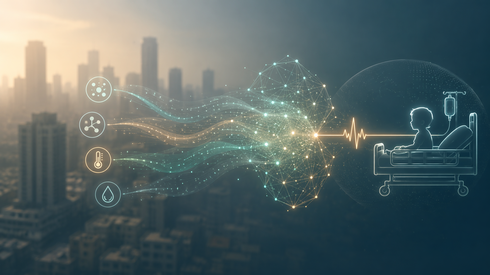 Hazy city skyline transitioning into AI data streams and a hospital bed silhouette