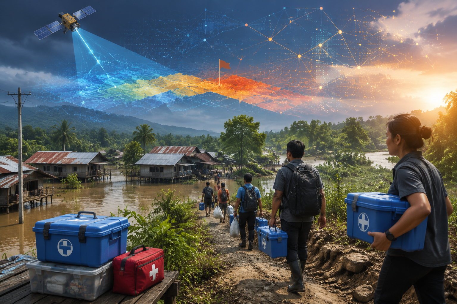 Rural families moving to higher ground with raised medical supply kits and AI-style flood forecasting overlays