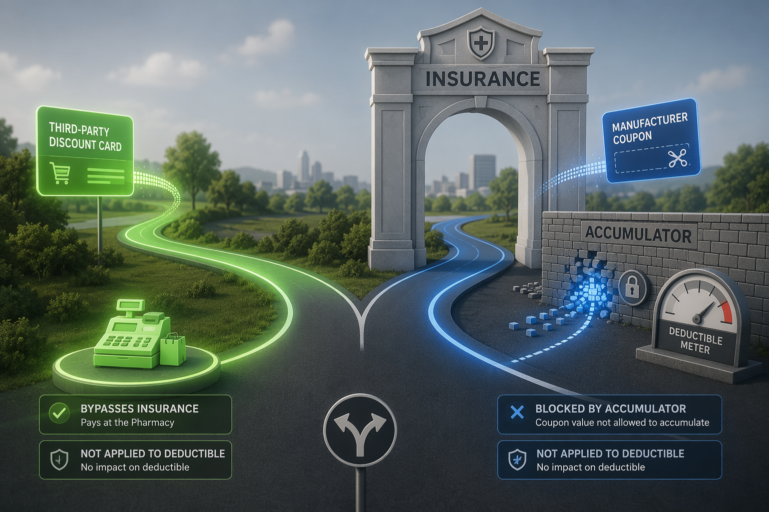 Diagram showing a third-party discount card path bypassing insurance and a manufacturer coupon path blocked by an accumulator before the deductible.